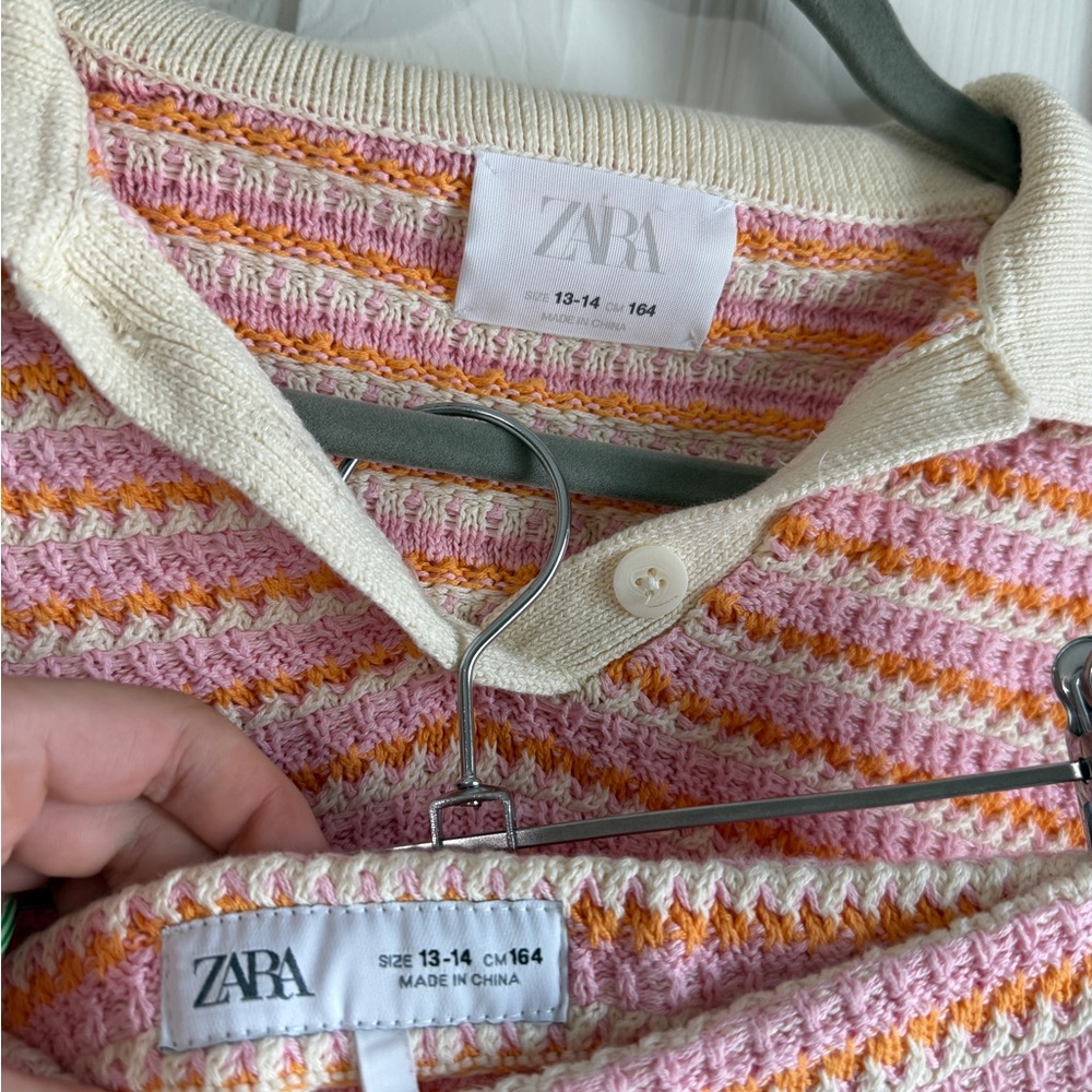 ZARA Matching Set Striped Knitted Crochet Polo Shirt and Skirt 2PC Pink 13-14 XS - Picture 3 of 8